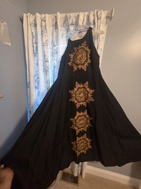 Kenneth Cole Black Maxi Dress with Gold Medallion Embroidery